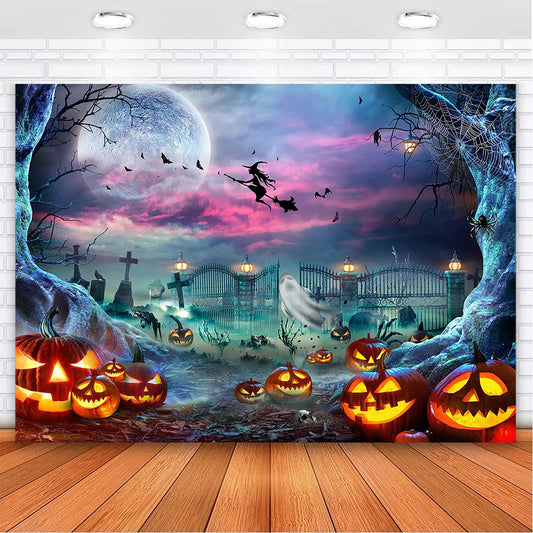 Avezano Halloween Photography Backdrop Horror Moon Night Scary Pumpkin Ghost Witch Background Spooky Skull Iron Gate Jack O'Lantern Halloween Backdrops Photo Studio Props