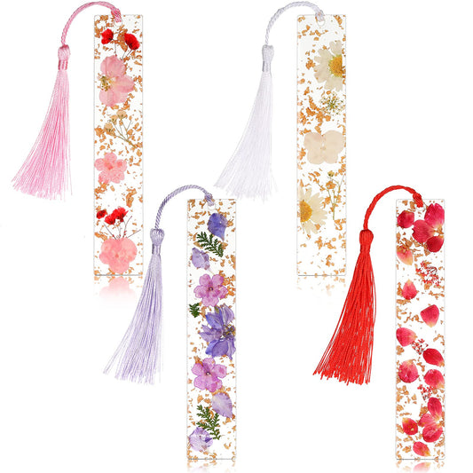 Clabby 4 Pieces Dried Flower Resin Bookmarks Handmade Transparent Floral Dried Flower Page Marker with Colorful Silky Tassel for Teacher Women Students(Plain Style)