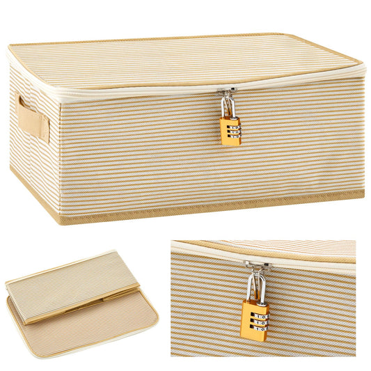 Briwooody Discreet Lockable Toy Bag Storage Organizer Toy Bag Storage Bins Case with Zipper Lid 15 x 10 x 5.9 Inches for Women and Men Clothes Container(Gold Stripes)
