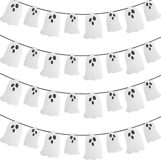 Vavious Halloween Party Banner Cute 4 Pcs Halloween Ghost Banners Indoor for Fireplace Spook Garland Hanging Bunting Sign for Wall Windows Indoor Easter Party Decor White
