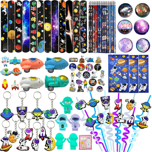 QZYCMHOO 152PCS Space Party Favors Set, Outer Space Birthday Decorations Including Slap Bracelets, Keychains, Gift Bags, DIY Stickers, Drinking Straws, Alien Birthday Supplies