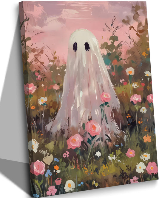 Cute Wildflower Ghost Canvas Wall Art Vintage Halloween Poster Print Whimsical Ghost in Floral Field Painting Pink Trendy Artwork Picture Wall Decor for Living Room Bedroom Bathroom 12x16in Framed
