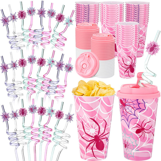 Yungyan 16 Sets Pink Spider Ghost Party Favors Goodie Cups with Lids and Straws for Halloween Party Decorations Reusable 16oz Plastic Candy Cups Plastic Straws for Birthday Gift (Pink Spider)