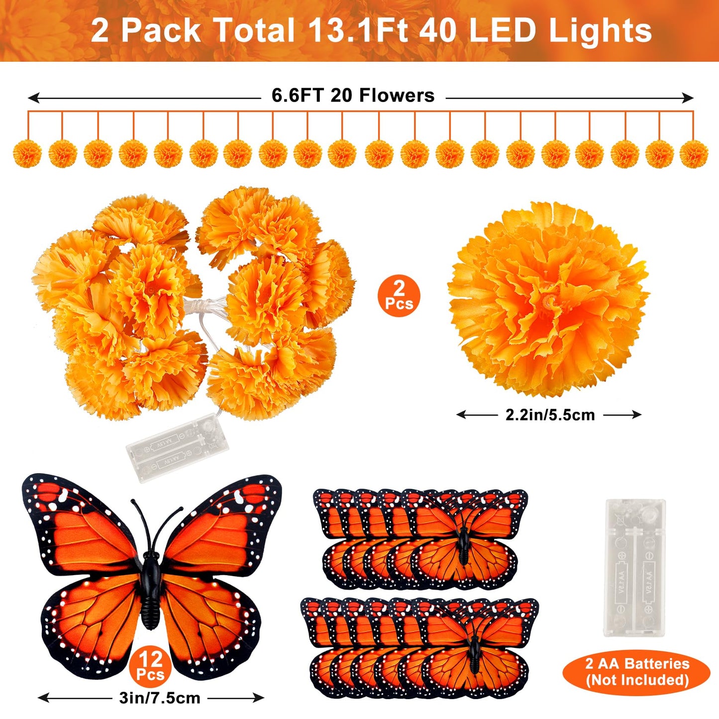 2 Pack Day of the Dead Decorations Total 13.1Ft Marigold Garland for Decoration, 40 Lighted Artificial Marigold Flowers 12 Butterfly for Dia de Los Muertos Indian Diwali Altar Halloween Home Decor