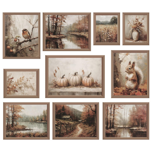 Whaline 10Pcs Thanksgiving Fall Vintage Wall Art Prints Retro Autumn Scenery Paper Posters Rustic Landscape Picture Decoration for Gallery Living Room Office, Unframed