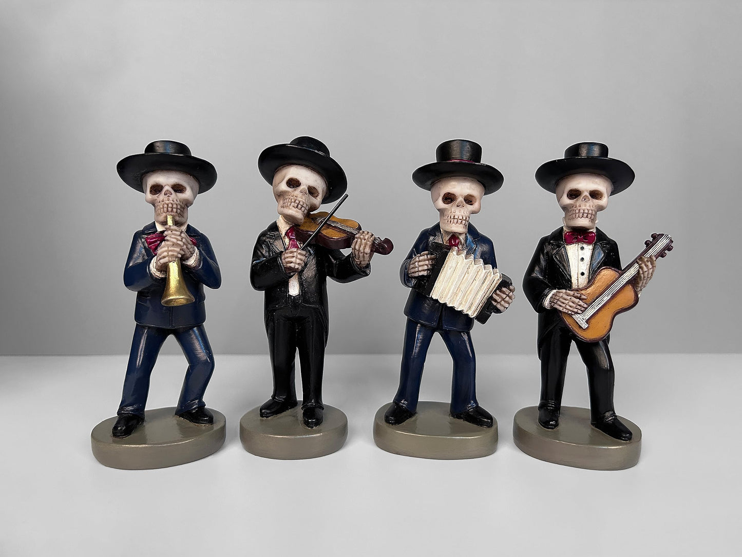 JORAE Skeletons Statue Mariachi Band Skull Halloween Figurines Home Decorative Set of 4 Day of The Dead Collectible Folk Musician Players, 5.5In