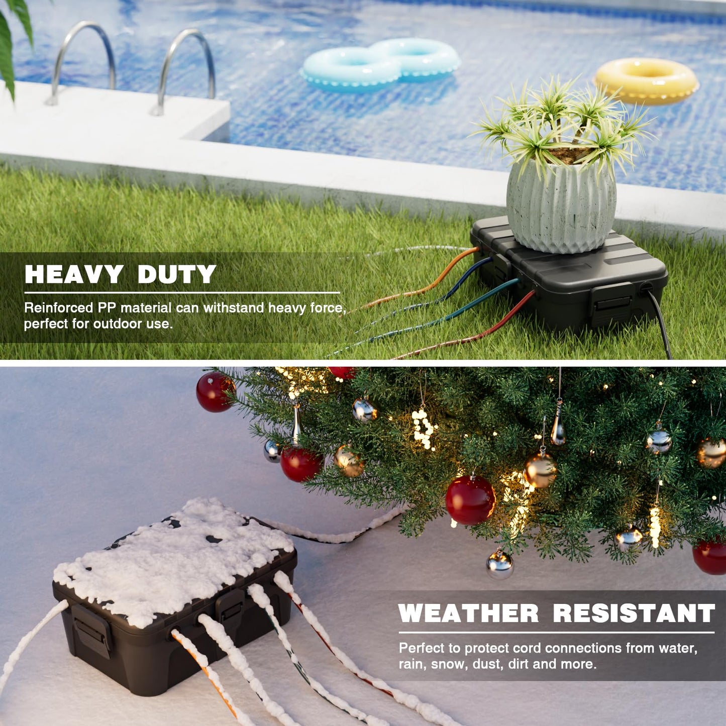 Flemoon 2-Piece Outdoor Waterproof Electrical Box Set – 12.5" x 8.5" x 5" Large Electrical Box & 11.3" x 4.3" x 3" Extension Cord Cover for Power Strip, Outlet, Holiday Light, Black