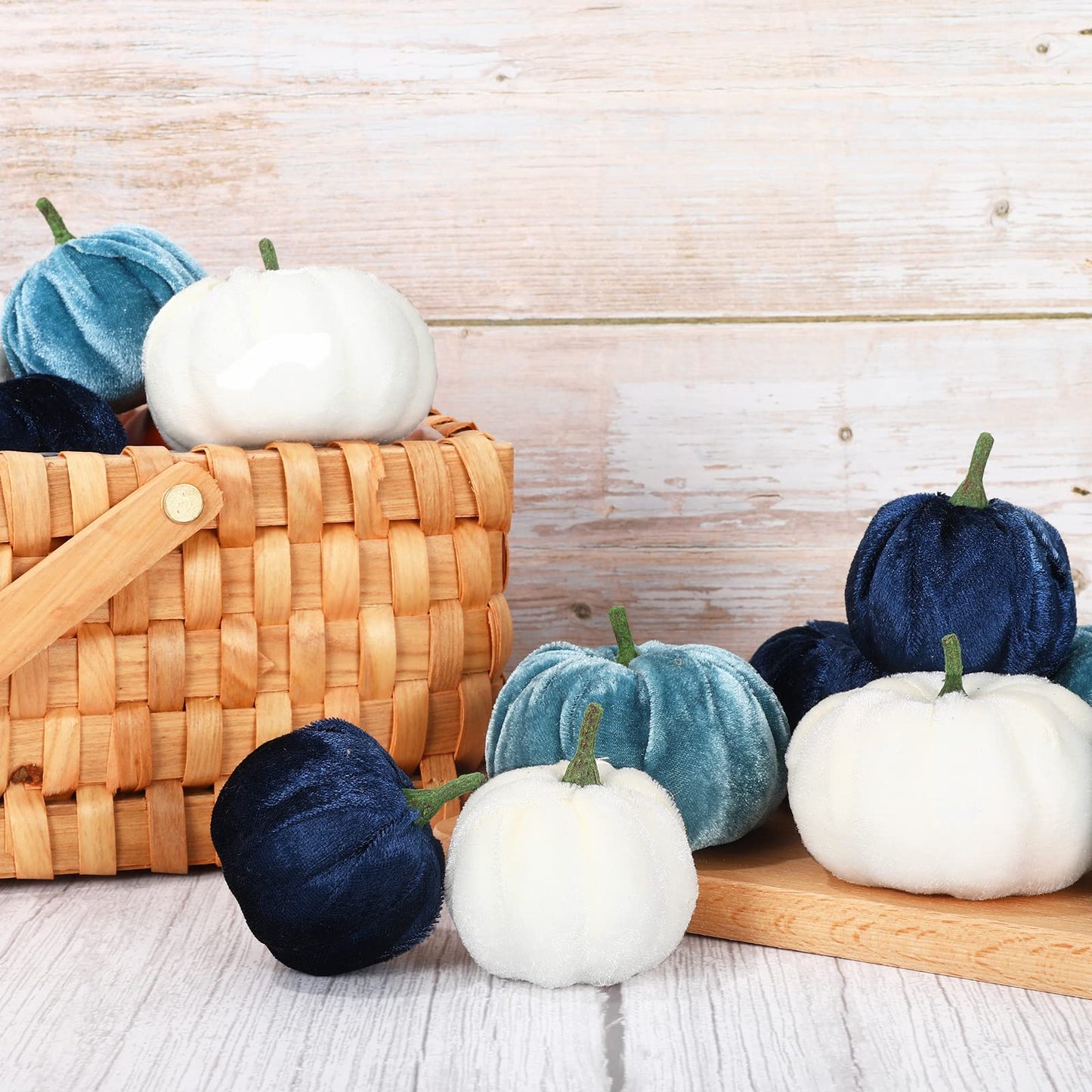 Whaline 12Pcs Fall Thanksgiving Velvet Pumpkin Blue White Artificial Pumpkins 2 Sizes Fake Fabric Pumpkin Autumn Harvest Table Centerpiece for Thanksgiving Halloween Party Mantel Farmhouse Decor