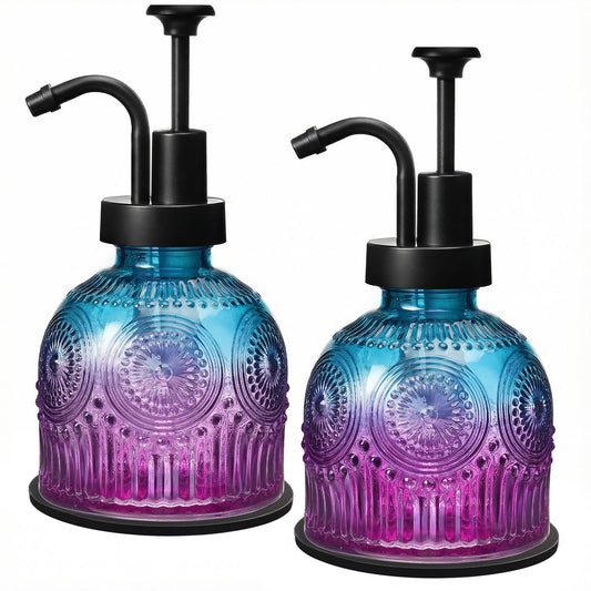 SheeChung 8Oz Vintage Glass Soap Dispenser Bathroom, Kitchen Dish Soap Dispenser with Pump, Refillable Hand Soap Dispenser, Antique Liquid Lotion Bottle, Farmhouse Decor (Purple Blue-Black Pump, 2Pcs)