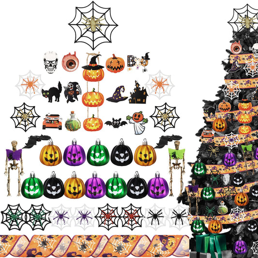 Halfchet 43 Pcs Halloween Hanging Tree Ornaments Decorations Spider Web Pumpkin Skull Bat Cat Eyeball Hanging Ornaments with Ribbon Pumpkin Toppers for Halloween Fall Party