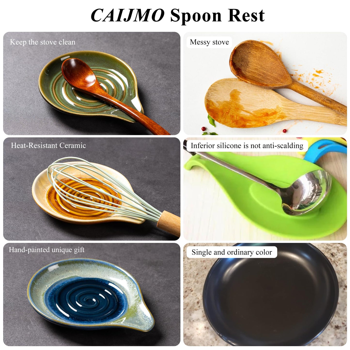 Spoon Rest, Ceramic Utensil Spoon Spatula Ladle Holder, 6 Inches Spoon Holder for Countertop, Coffee Bar Accessories Dishwasher Safe, Utensil Rest for Kitchen Counter Splash Black