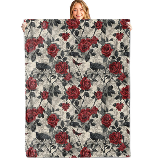MIEPOS Gothic Rose Crow Throw Blanket, 50x60in, Soft, Lightweight Flannel,Dark Floral Halloween Throw with Red Rose Raven Bat Blankets, Horror Gifts, for Goth Home Living Room Decor