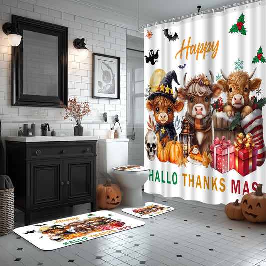 Aperturee Highland Cattle Calves Shower Curtain Set 72x72 Inch, Witch & Autumn Costumes with Halloween, Thanksgiving & Christmas Decor, Includes Bath Mat, U-Shape Rug, Toilet Cover & 12 Rustic Hooks