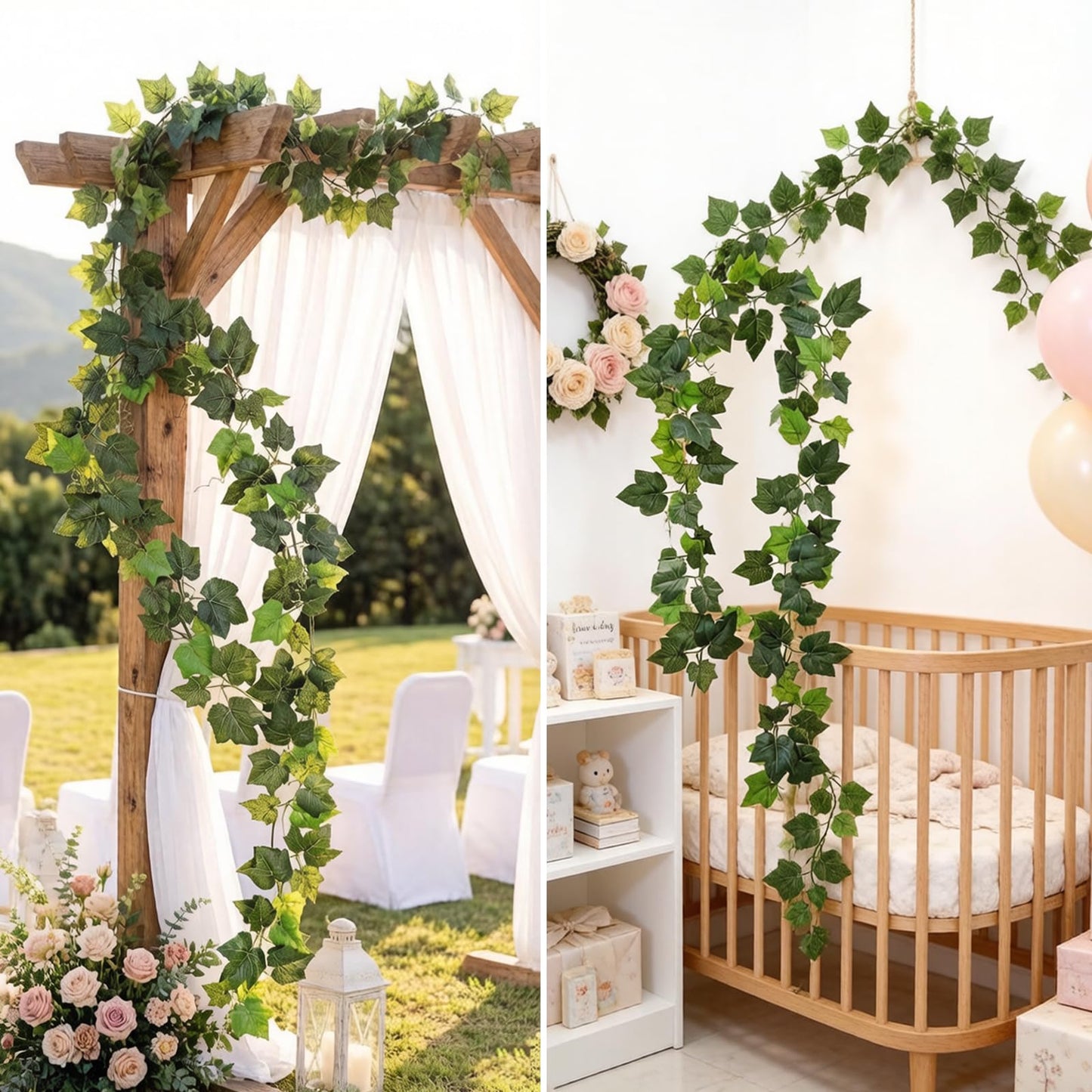 CONGZHANHH 2Pcs 14Ft Fire Retardant Fake Grape Vines Green Ivy Leaves Wall