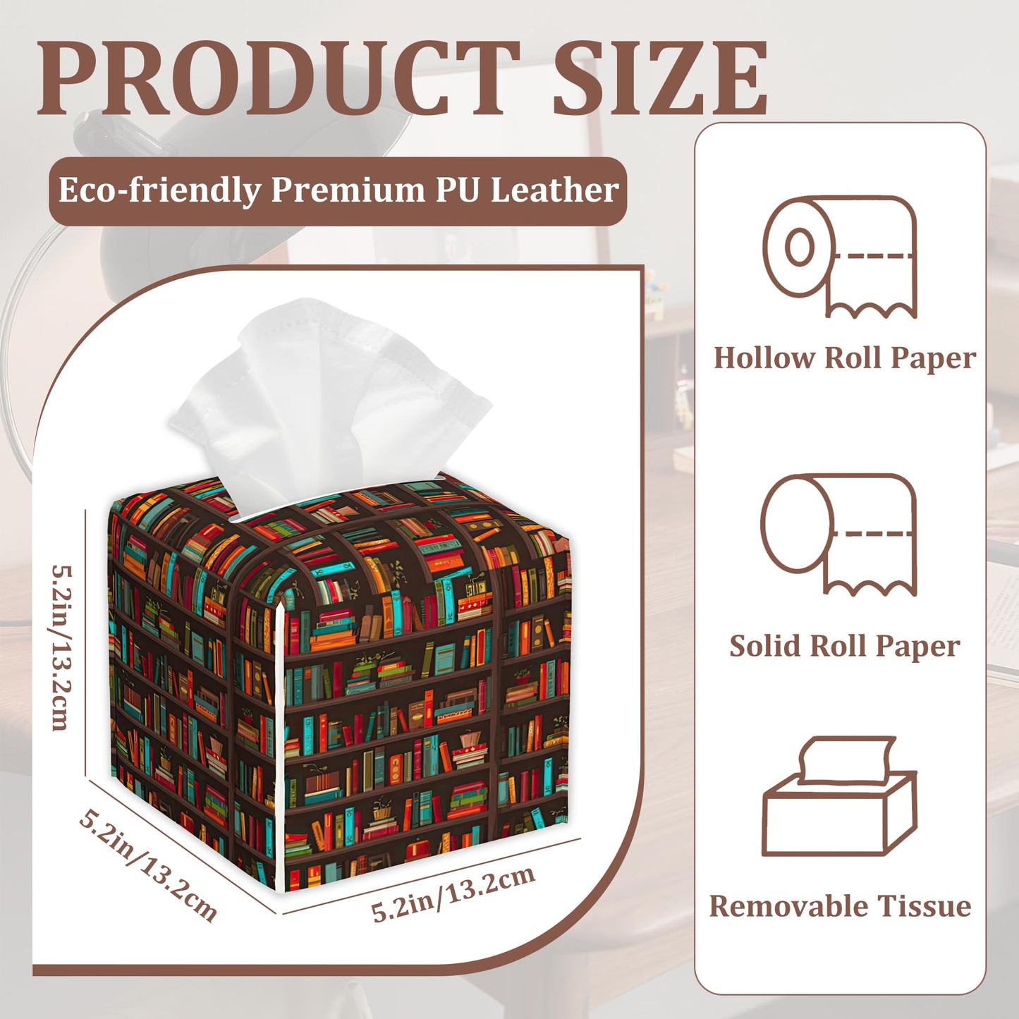 Bookshelves Full of Books Tissue Box Cover 2Pcs PU Leather Tissue Box Holder for Home, Square Tissue Holder for Harvest Autumn Season Halloween Thanksgiving Gift