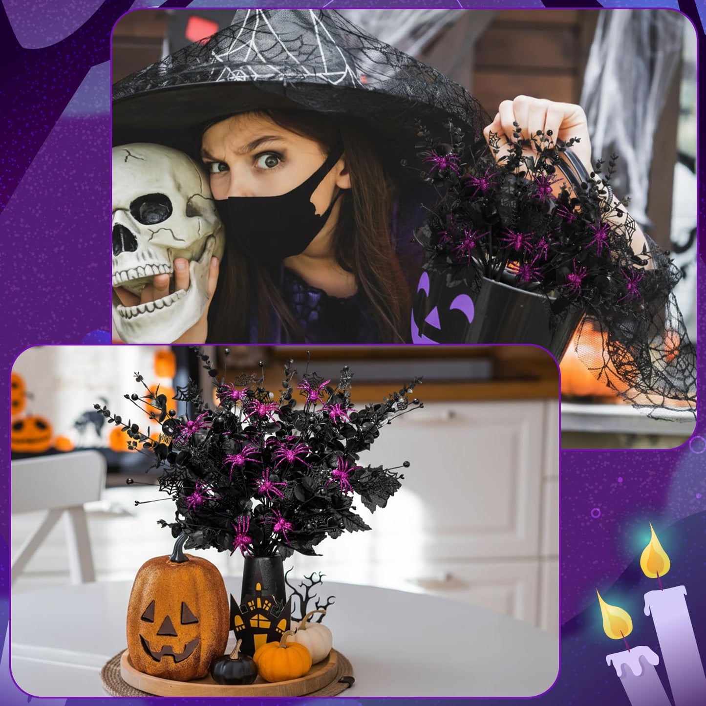 Giegxin 15 Pcs Halloween Floral Picks Halloween Decorations 19.5inch Black Artificial Flowers Branches Eucalyptus Stems Glitter Spiderweb Maple Leaf Stems for Home Indoor Party Vase Arrangement Decor