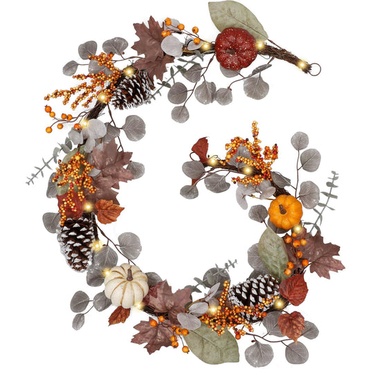 Valery Madelyn Fall Maple Leaves Garlands for Mantle, 6ft Halloween Garlands with Pumpkins Lights for Table Centerpiece, Thanksgiving Harvest Decorations for Home Mantle Fireplace Outdoor Decor-Brown