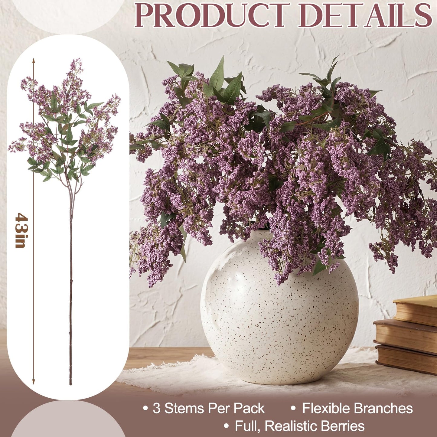Dingion 3 Pcs 43 Inch Dusty Plum Berry Stem for Vase Fall Artificial Faux Sedum Berry Stems Autumn Realistic Flower Pick Spray Floral Branch for DIY Wedding Bouquet Mantel Holiday Harvest Home Decor