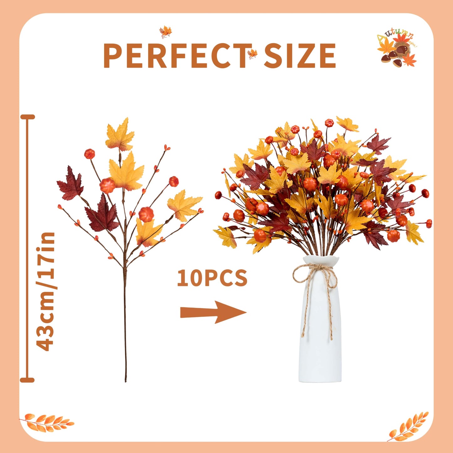 WSTPUPU Artificial Fall Stems10 PCS Fall Floral Picks 17Inch Autumn Berry Stems with Maple Leaves Suitable for Dining Tables Vase Center Decoration Thanksgiving and Harvest Festival