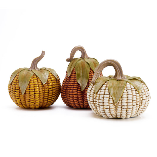 Valery Madelyn Fall Decorations for Home, Fall Pumpkin Decor, Set of 3 Resin Artificial Corn Decorative Pumpkins Indoor, Table Centerpieces Autumn Thanksgiving Halloween Decorations, 5.1 Inch
