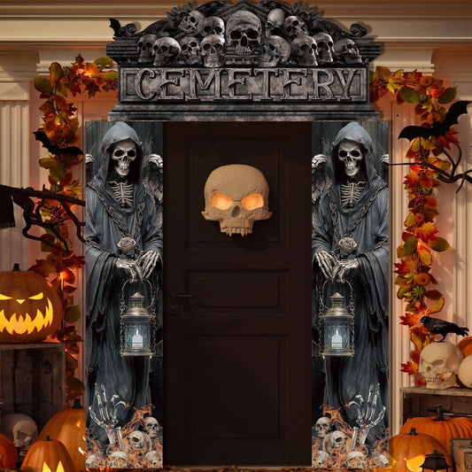 Funnymoom Halloween Cemetery Door Decorations Halloween Cemetery Archway Door Cover Gothic Mansion Outdoor Hanging Banners Spooky Skeleton Skull Porch Sign for Outdoor Haunted House Party Decor