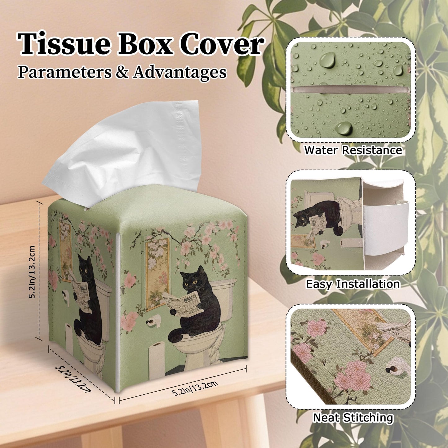 RWWNONW Vintage Black Cat Tissue Box Cover Square