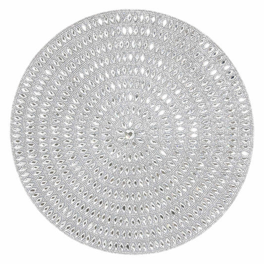 Flower Placemat, Stunning Glass Rhinestones, Protective Felt Back, for Formal Dining Tables Setting, Events, Wedding, Silver, 15", Sold Individually