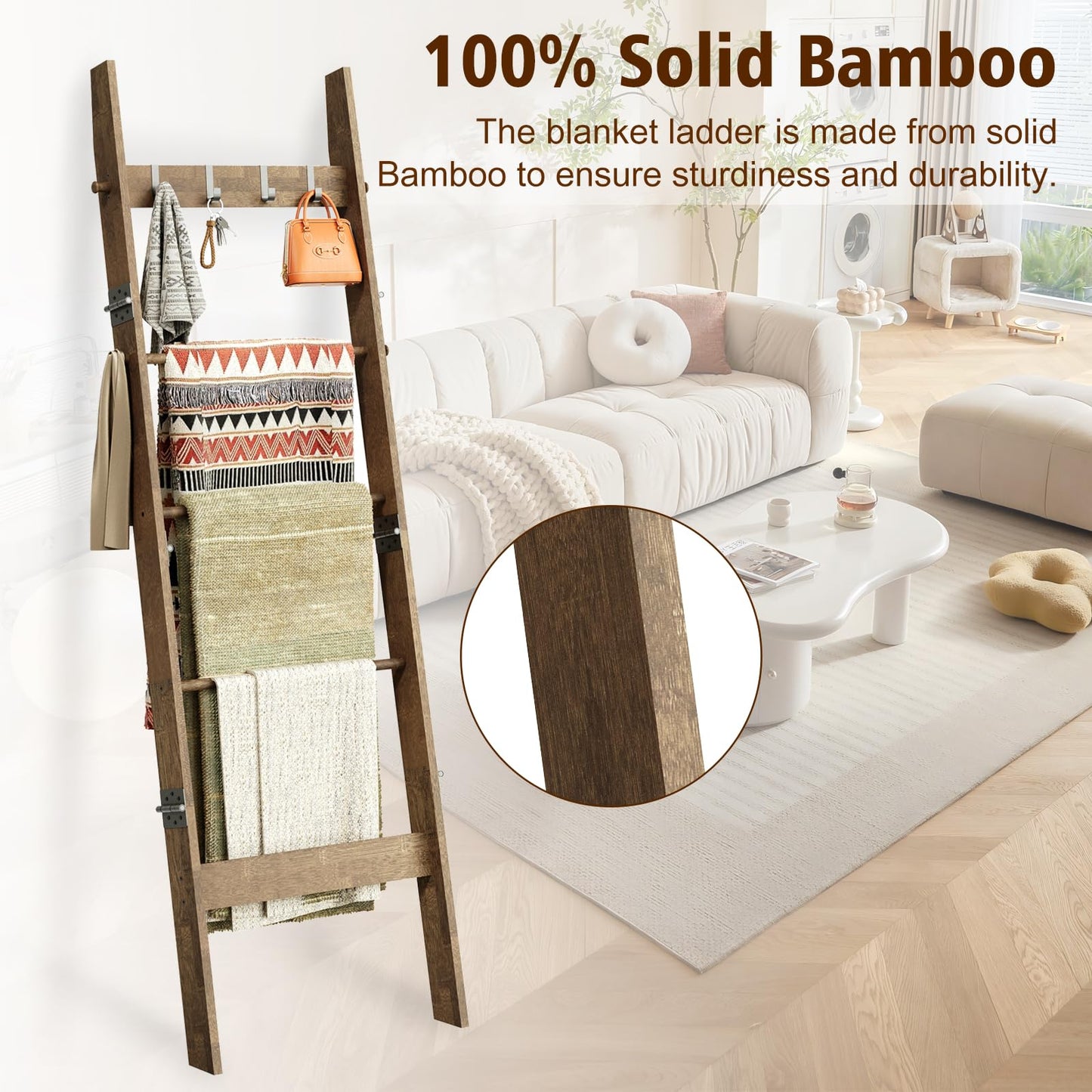 HonyQiShuo 5-Tier Bamboo Ladder Shelf, Farmhouse Style Blanket Ladder, Rustic Decorative Ladder with 4 Removable Hooks, Brown