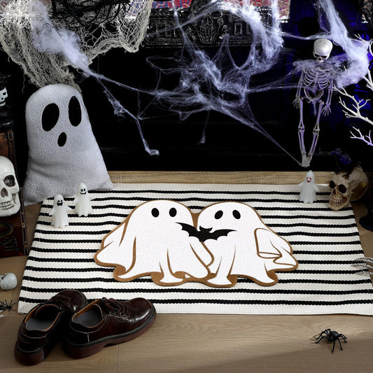 Duraaamo 2 Pcs Halloween Coir Doormat Outdoor Ghost Welcome Mat Layered Buffalo Plaid Black and White Rug Natural Coir Door Checkered Mat for Halloween Front Porch Entryway Decor