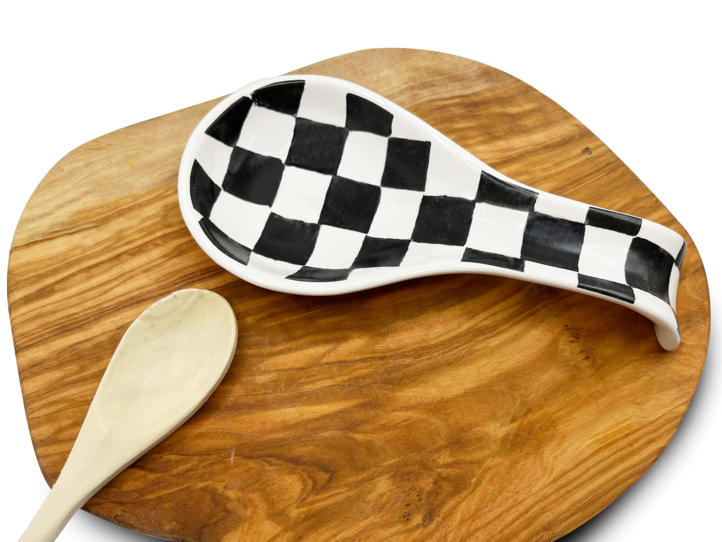 Checkered Spoon Rest for Kitchen Counter - Cooking Spoon Holder for Stove Top - Large Utensil Spatula Spoon Rest - Cute Kitchen Gadgets Gift for Housewarmings - Distressed Checkerboard Black and White