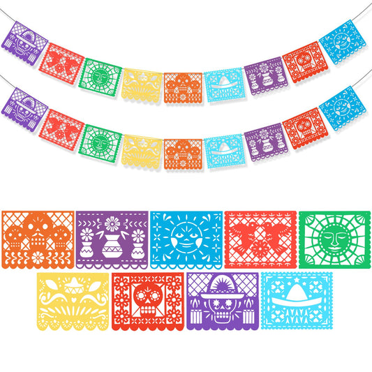 2 Pack Day of the Dead Banner, 32FT Colorful Felt Papel Picado, Mexican Fiesta String Flags for Cinco De Mayo Party Decorations, Dia De Los Muertos Decor, Party Celebrations (Banners-AA)