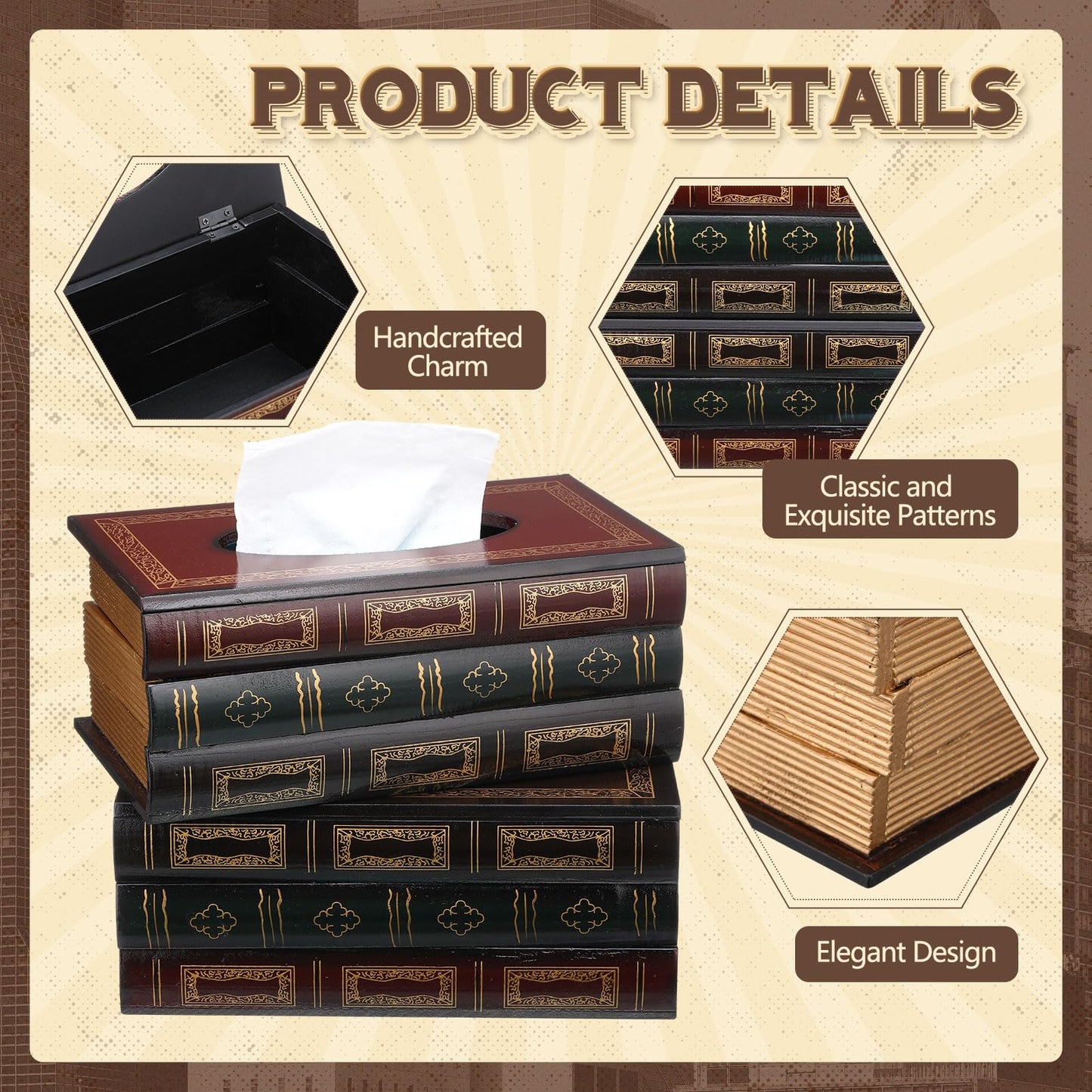 Teenyyou 2 Pcs Wooden Retro Book Tissue Box Cover Antique Tissue Box Cover Rectangular Classical Novelty Toilet Paper Holder Dispenser Medieval Home Decor for Bathroom Living Room Office Car Kitchen