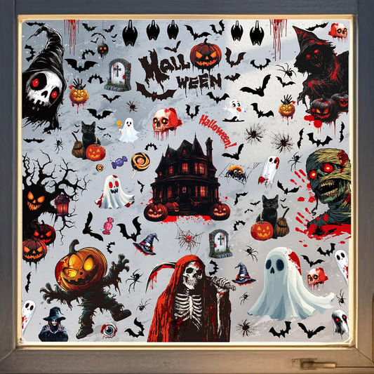 Halloween Window Clings, Horror Spooky Castle Spider Web Bat Black Bloody Window Decorations Stickers for Home School Office Glass and Halloween Party Indoor Outdoor Decor, 9 Sheets