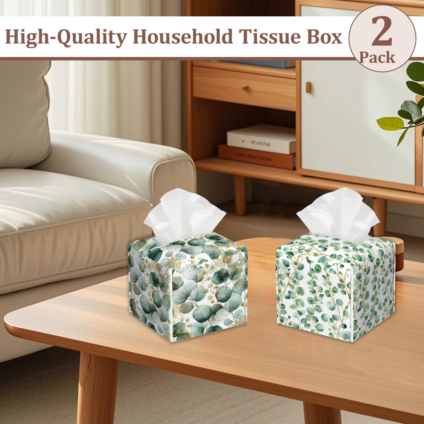 Eucalyptus Leaves Tissue Box Cover 2Pcs PU Leather Tissue Box Holder for Home, Square Tissue Holder for Harvest Autumn Season Halloween Thanksgiving Gift