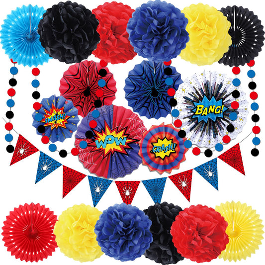 Blosssound 26 Pieces Spider Birthday Party Decorations - Paper Fans, Pompom Paper Flowers, Pre-Strung Pennant Banner, Dots Garland, Cards Set for Spider Web Super Themed Party Decor Supplies