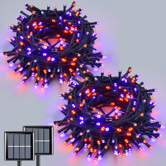 QITONG Orange and Purple Solar String Lights, 2 Pack Each 66ft 200 LED Halloween String Lights Outdoor Waterproof, 8 Modes Christmas Solar Twinkle Lights for Halloween Decor