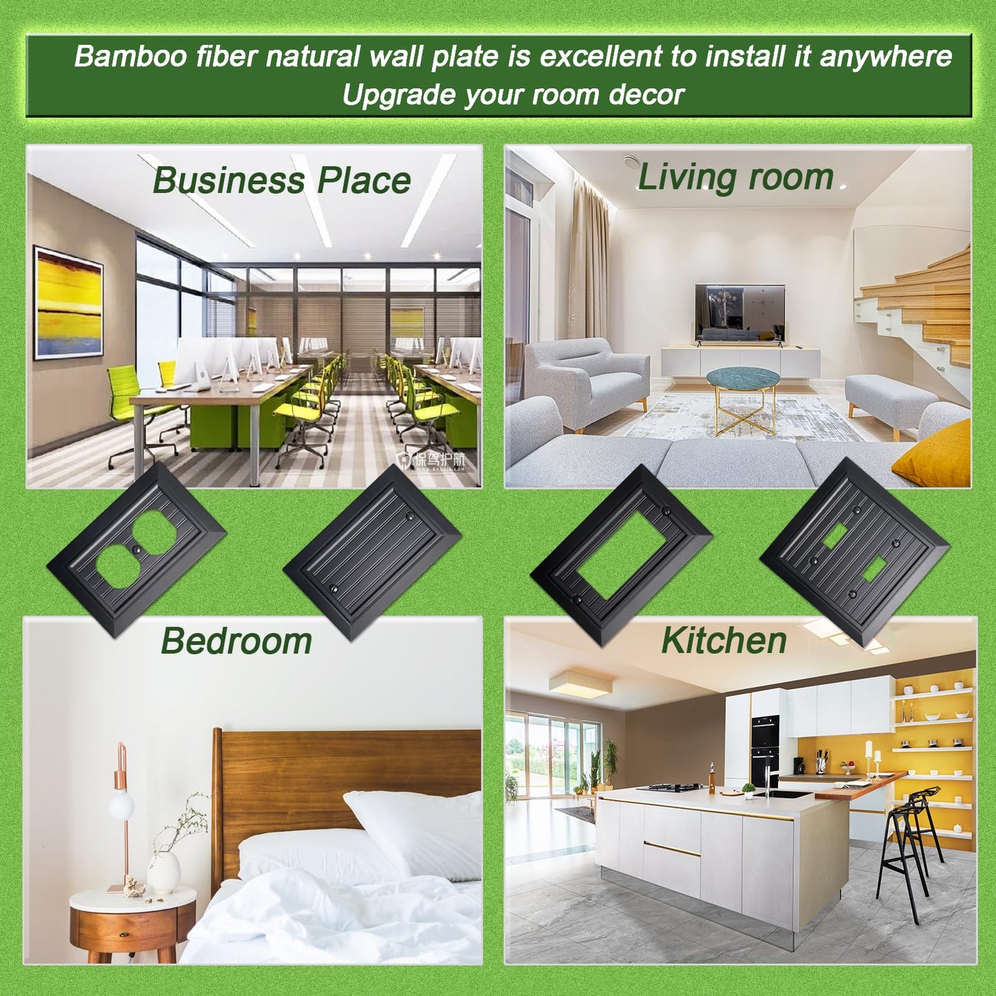Funkiim Black Classic Beadboard Wall Plates,Light Switch Covers,Electrical Outlet Covers, Switch Plates of Various Combination, Nature Bamboo Fiber Wall plate (1 Gang Duplex 4PK)
