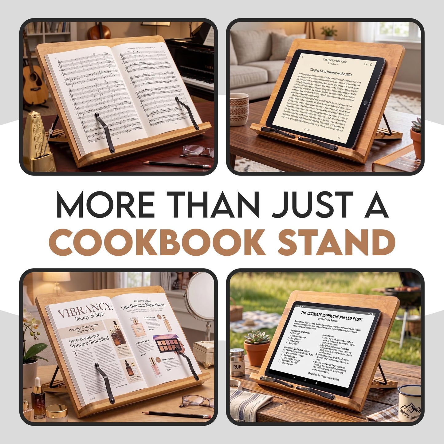 Bamboo Cookbook Stand Large, Adjustable Book Holder Tray and Page Paper Clips - Walnut Color Large - 4-Position Recipe Book Stand Holds Thick Books for Kitchen Counter, Reading, Studying - Foldable