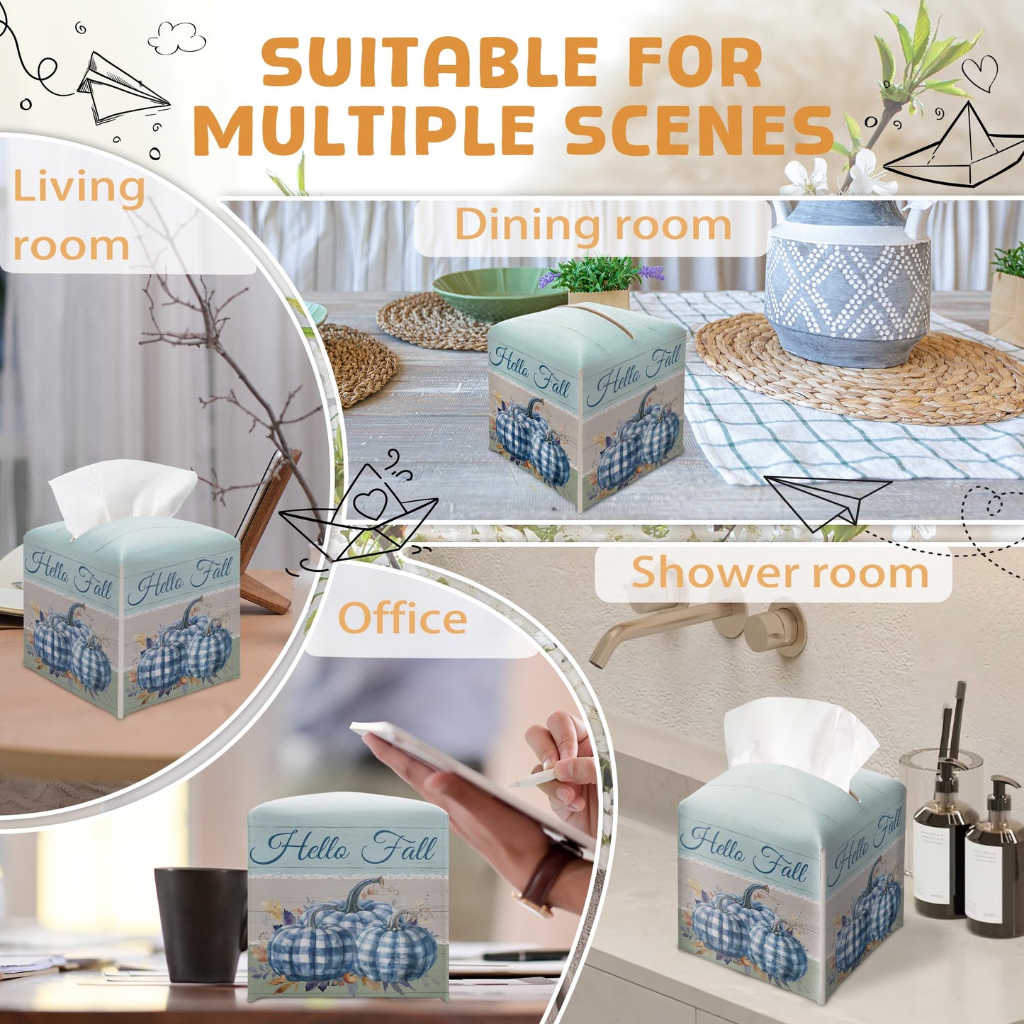 Fall Tissue Box Holder, Blue and White Pumpkins Leather Tissue Box Cover Square, Fall Facial Paper Organizer Dispenser Toilet Paper Holder for Bathroom Kitchen Office Home Decor-A16