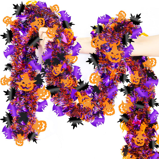 50 FT Halloween Decorations Tinsel Garland with Orange Pumpkin Purple Bat Black Maple Leaf, Metallic Halloween Garland Decorations for Home Mantle Tree Door Indoor Outdoor Party Decor