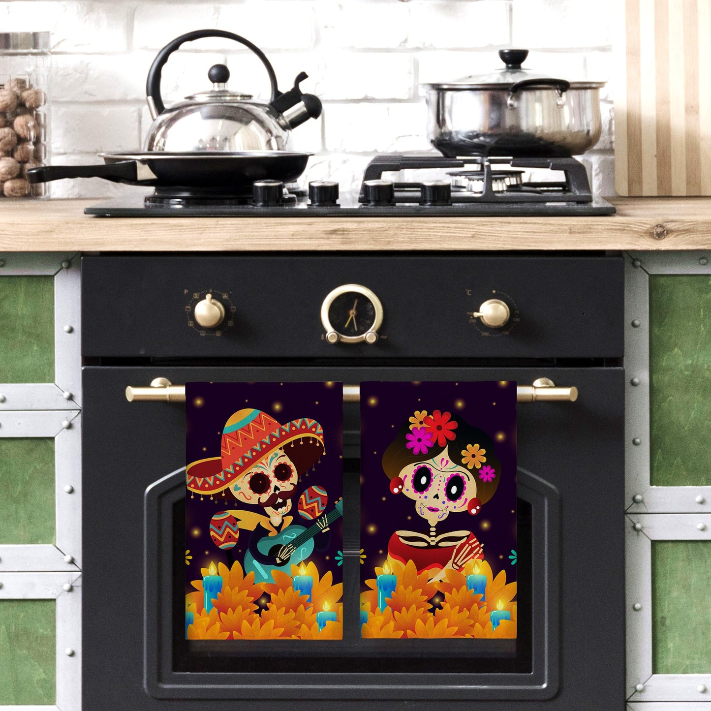 Yarcooly Day of The Dead Dish Towels for Kitchen Dia De Los Muertos Kitchen Towels Mexican Sugar Skull Marigolds Floral Decor Day of The Dead Decorations for Home Party