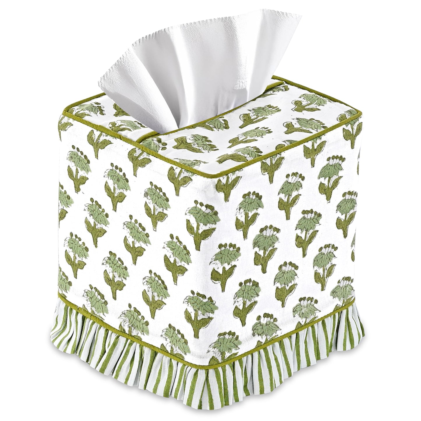 CPC Emerald Green Hand Block Print Cotton Ruffle Tissue Box Cover 4.5"x4.5"x5"Inch, Square Decorative Tissue Holder Cover for Bathroom, Living Room, Bedroom, Home Décor, Vanity, Car Gift for Summer