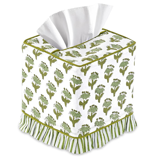 CPC Emerald Green Hand Block Print Cotton Ruffle Tissue Box Cover 4.5"x4.5"x5"Inch, Square Decorative Tissue Holder Cover for Bathroom, Living Room, Bedroom, Home Décor, Vanity, Car Gift for Summer