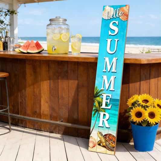 Hello Summer Wooden Porch Sign Vertical Hanging Decorative Welcome Sign Front Door Standing Decorative Sign 47x7.8 Inches Beach Turtle Shell Pattern Suitable for Outdoor Decorations