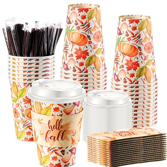 Pickmesh 50 Set Fall Disposable Coffee Cups Sets, 12oz Pumpkin Maple Leaves Thanksgiving Coffee Paper Drinking Cups with Lids, Sleeves and Stirrers for Autumn Fall Harvest Party Supplies