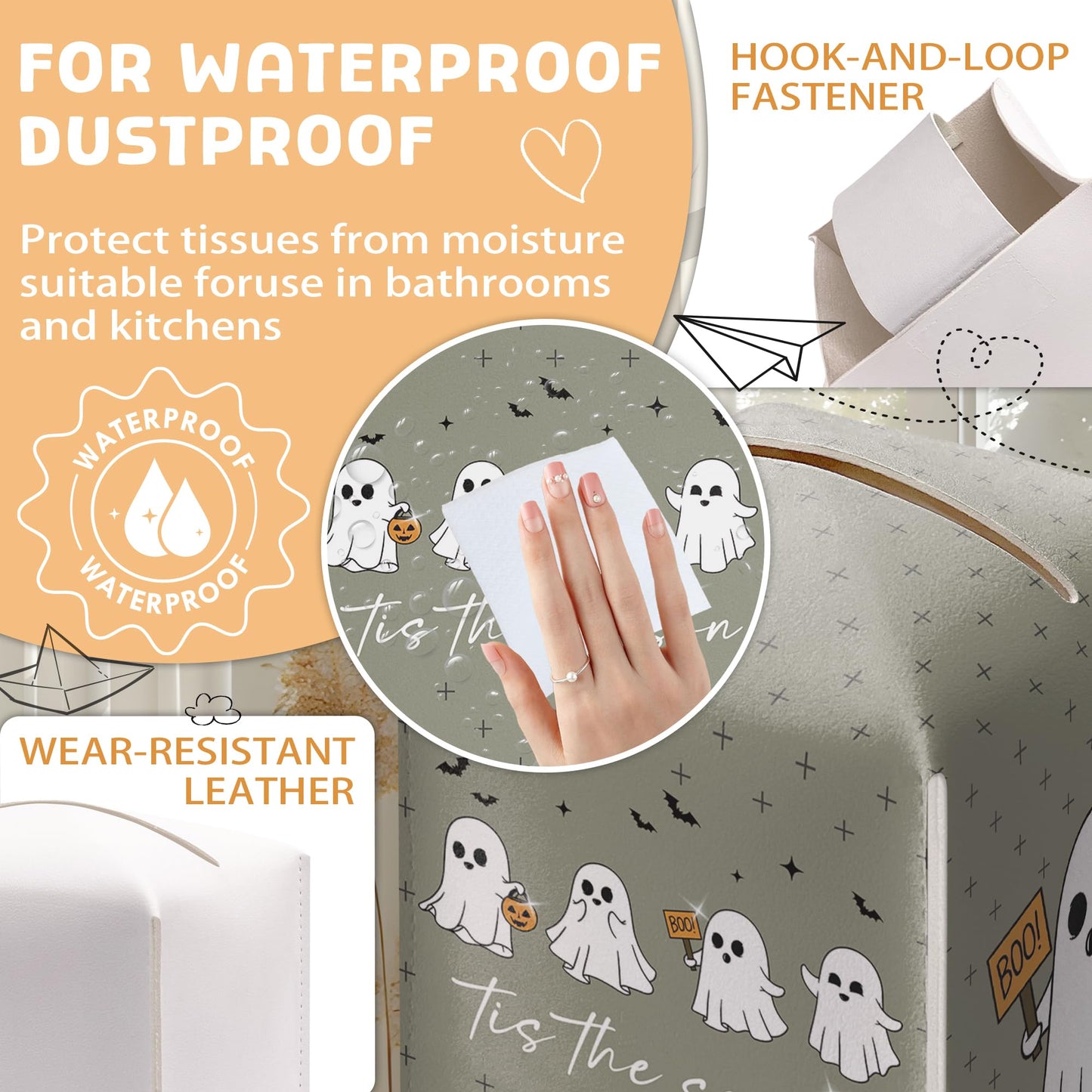 Halloween Tis The Season Tissue Box Holder, Cute Ghost Leather Tissue Box Cover Square, Cute Facial Paper Organizer Dispenser Toilet Paper Holder for Bathroom Kitchen Office Home Decor-A05
