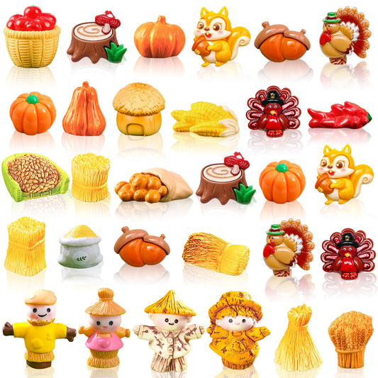 Bbiamsleep 30 Pcs Thanksgiving Mini Figurines Miniature Resin Fall Autumn Pumpkins Scarecrow Turkey for Autumn Home Table Tray Harvest Thanksgiving Decorations