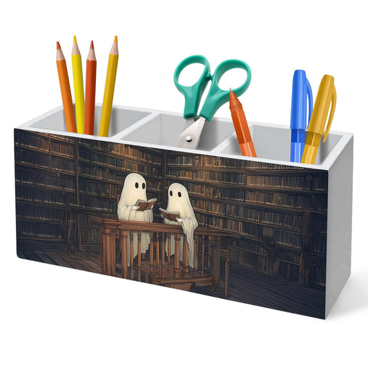 HUKINE Gothic Ghost Bookish Pen Holder for Desk Decoration, Spooky Ghost Reading Book Wooden Box Sign Pencil Holder Organizer for Home Office Desk Accessories, Book Lover Gifts