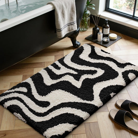 LUMI Non Slip Bathroom Rug Modern Aesthetic, Ultra Soft Absorbent Washable Bath Mats, Quick Dry Premium Floor Rugs for Shower, Tub, Black and White, 24x36