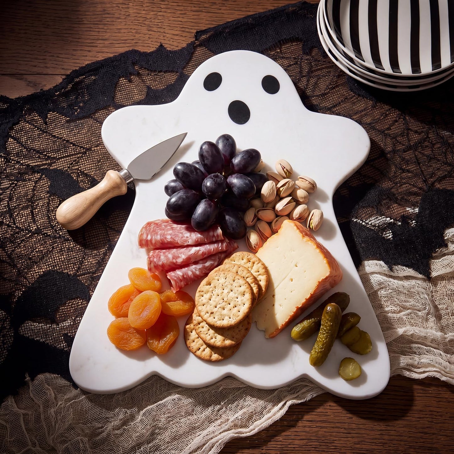 Reallnaive White Ghost Marble Cheese Board Halloween Charcuterie Serving Tray Marble Cutting Board for Cheese, Snacks, Appetizers and Kitchen